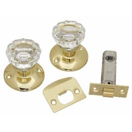 Passage Door Latch Set, Glass Knobs, Polished Brass